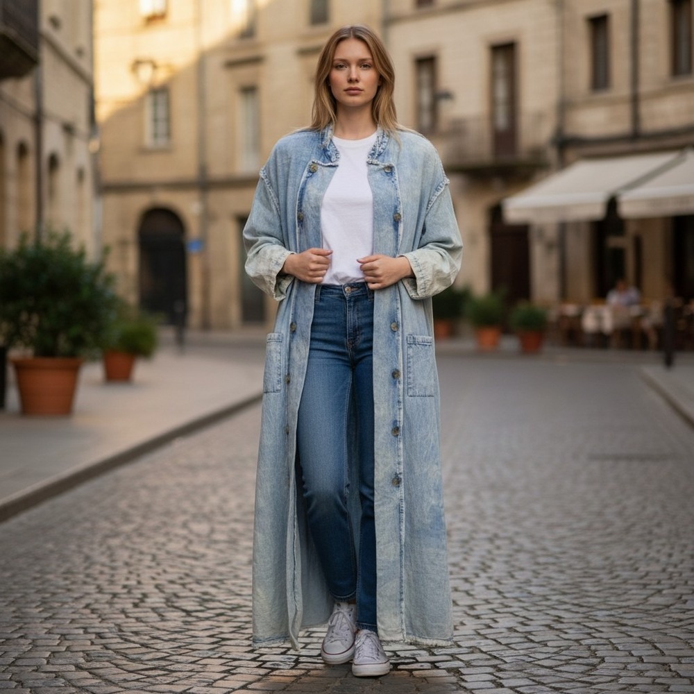 A Rare Bird Handmade Acid Wash Denim Duster Coat Long Trench One Size Boho
